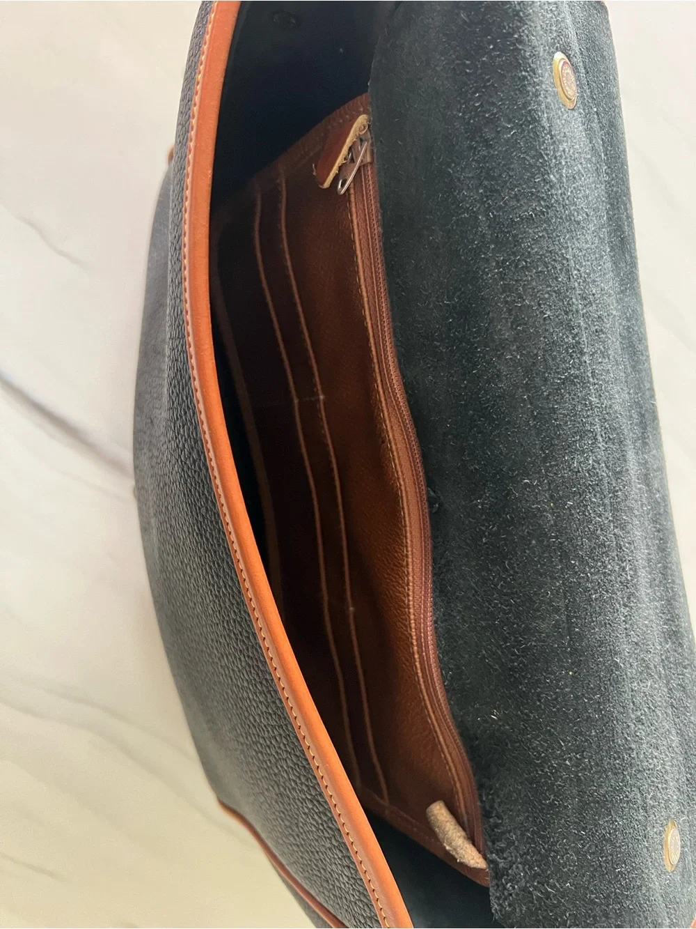 Dooney & Bourke Black and Brown Leather Satchel with Brass Turn Lock
